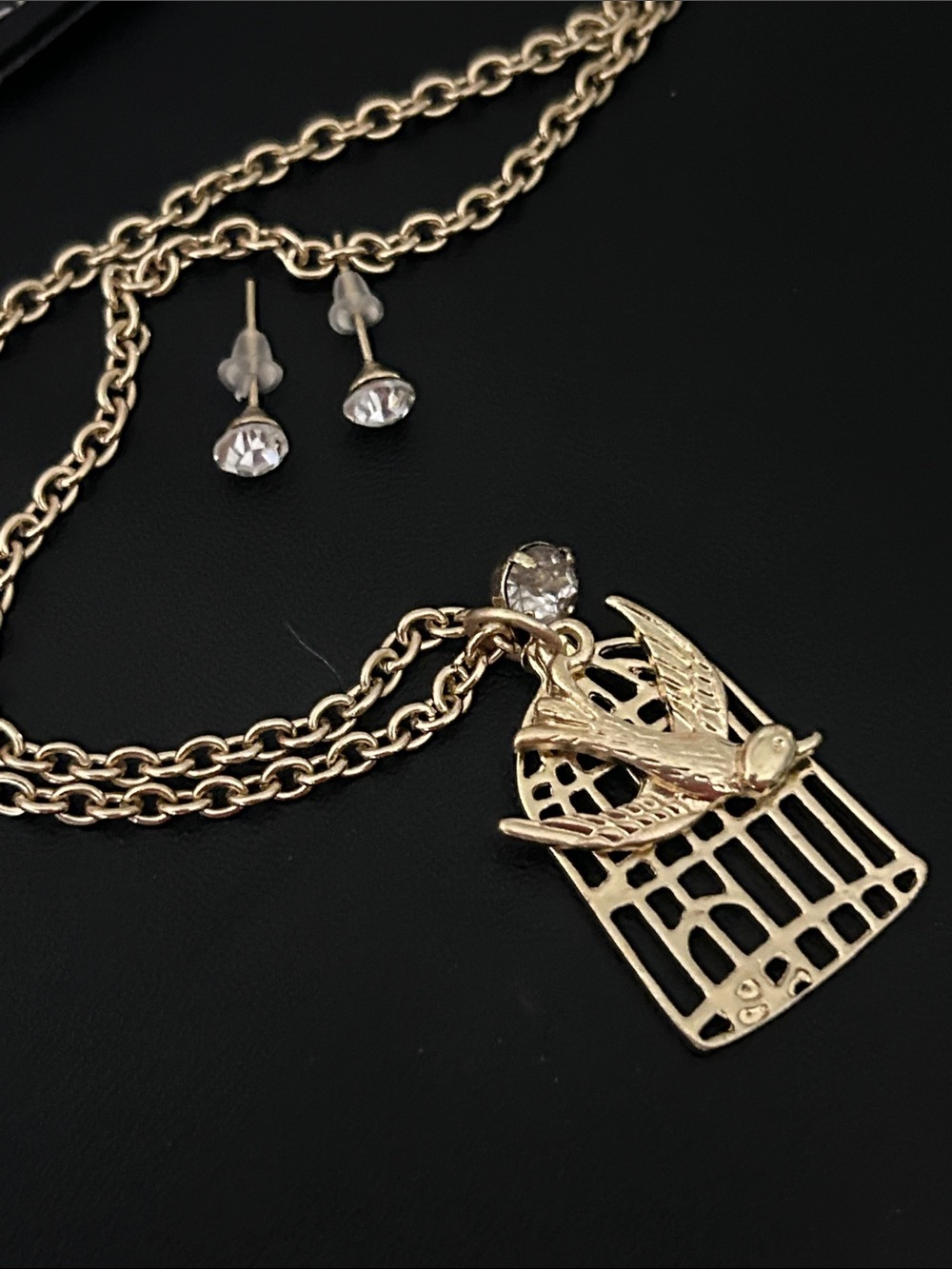 Gold Bird Cage Pendant Necklace with Bird Charm and Studded Earrings NWT